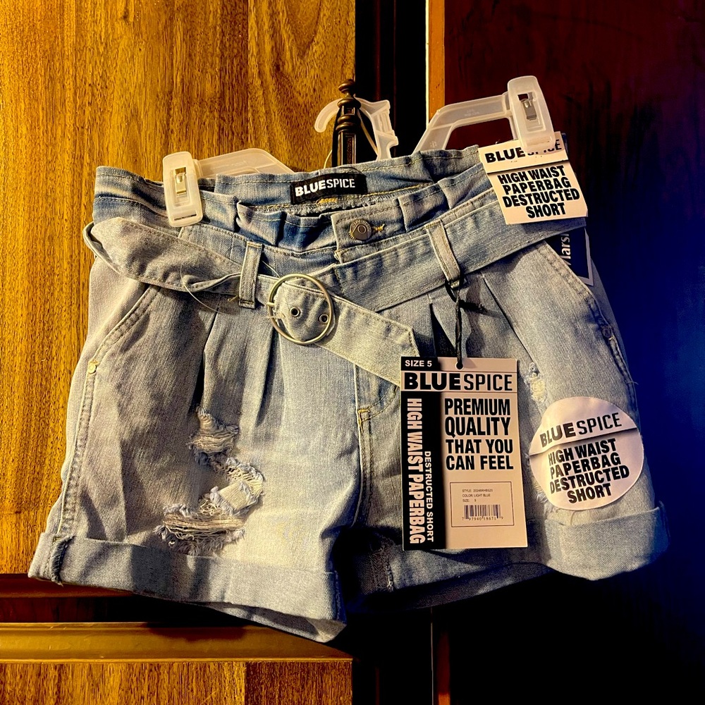 NWT Blue spice paper bag / high waist baggy shorts faded denim 5.